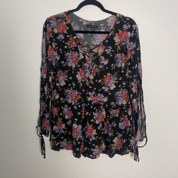 Peplum Top Floral V Neck Tie Drawstring Hipster Hippie Trendy Pullover Blouse - Picture 7 of 7